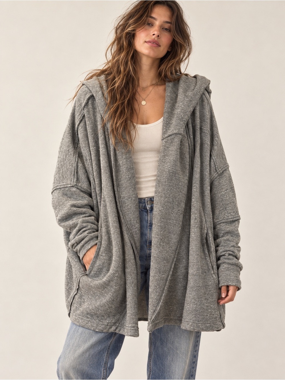 People of Leisure $170 Heather Grey Oversized Hooded Cardigan with Pockets